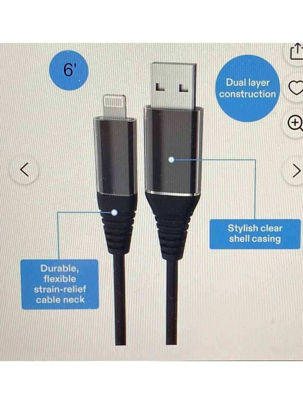 Onn 6ft Lightning to USB Charging Cable Black